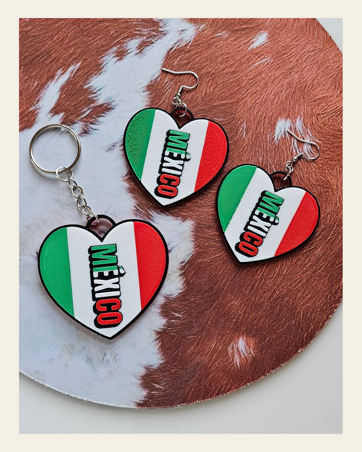 3D Print Mexico Theme Earrings Or Key Chain on a warm cream background