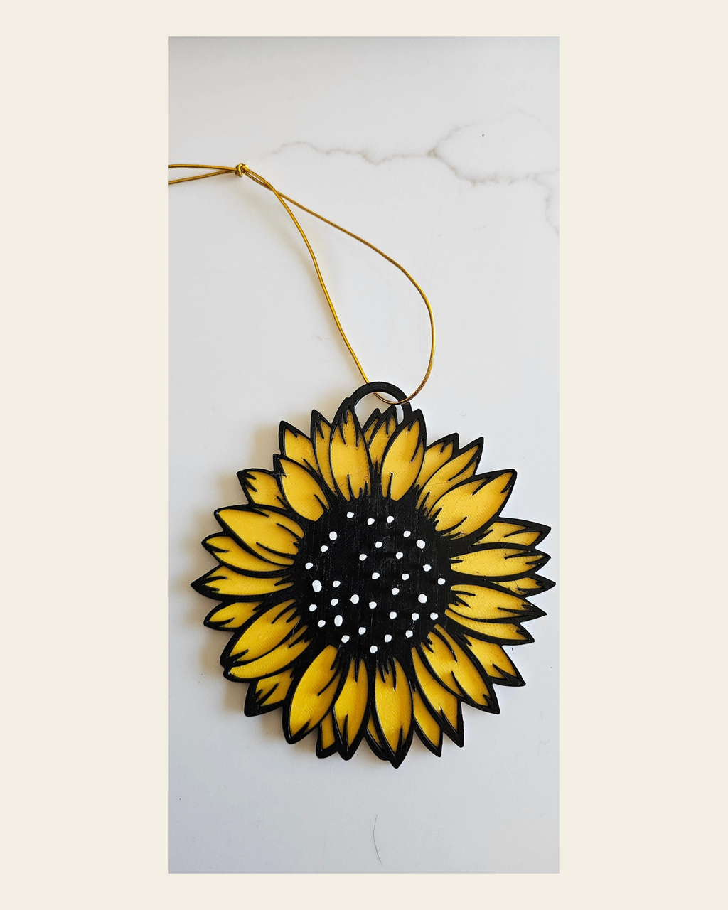 3D Print Ornament Sunflower Christmas Decoration Gift Made in America on a warm cream background