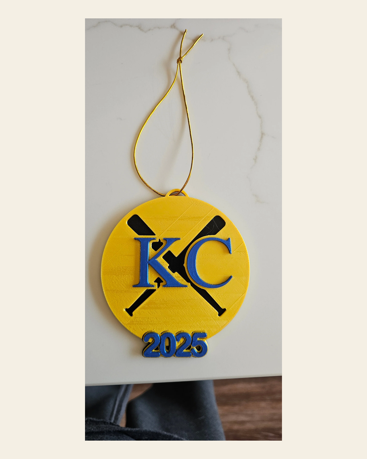 3D Print Royals Kc Baseball Kansas City Ornament on a warm cream background