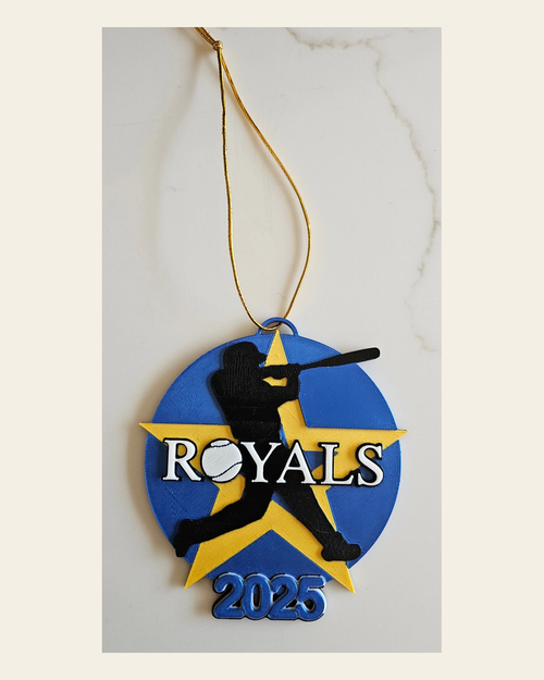 3D Print Royals Kc Baseball Kansas City Ornament on a warm cream background