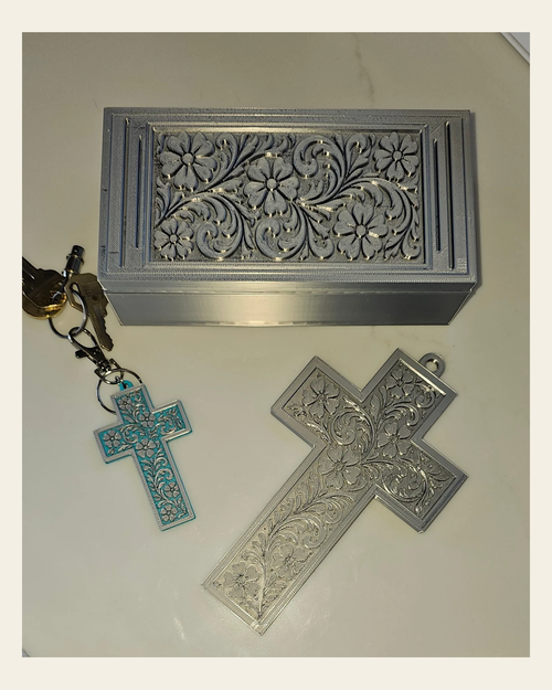 3d Print Silver Tooled Trinket Gift Box or Keychain or Wall Cross on a warm cream background