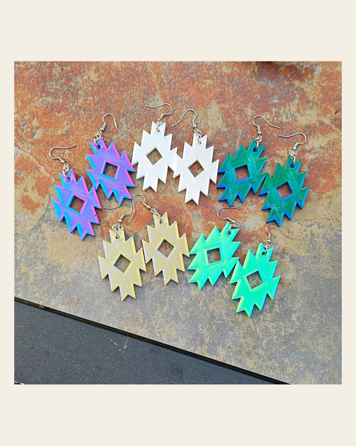 3D Print Southwestern Aztec Boho Earrings Choice of Colors Made in America on a warm cream background
