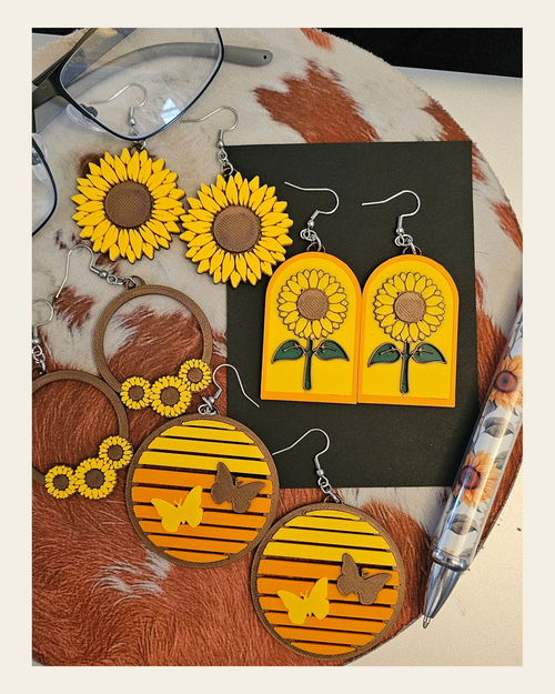 3D Print That70's Show Sunflower Boho Hippie Earrings Made in America on a warm cream background