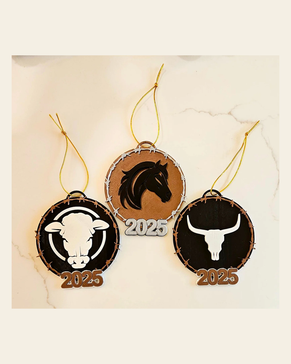 3D Print Western Barbwire Christmas Ornaments Made in America on a warm cream background