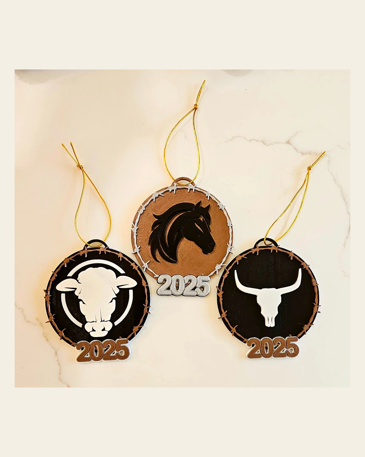 3D Print Western Barbwire Christmas Ornaments Made in America on a warm cream background