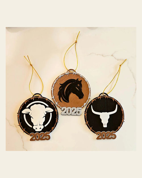 3D Print Western Barbwire Christmas Ornaments Made in America on a warm cream background