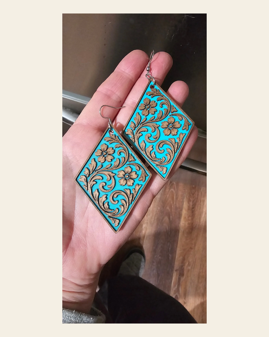 3D Print Western Tooled Bronze-Copper Turquoise  Earrings Made in America on a warm cream background