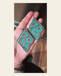 3D Print Western Tooled Bronze-Copper Turquoise  Earrings Made in America on a warm cream background