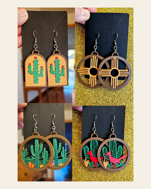 3D Print Zia New Mexico Cactus Earrings Made in America on a warm cream background