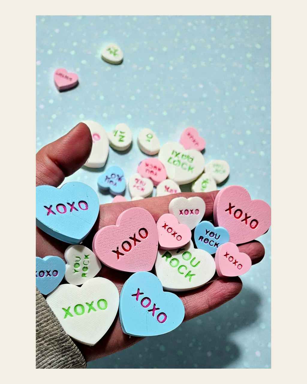 3d Printed Candy Conversation Heart Pins or Earrings Made in America on a warm cream background