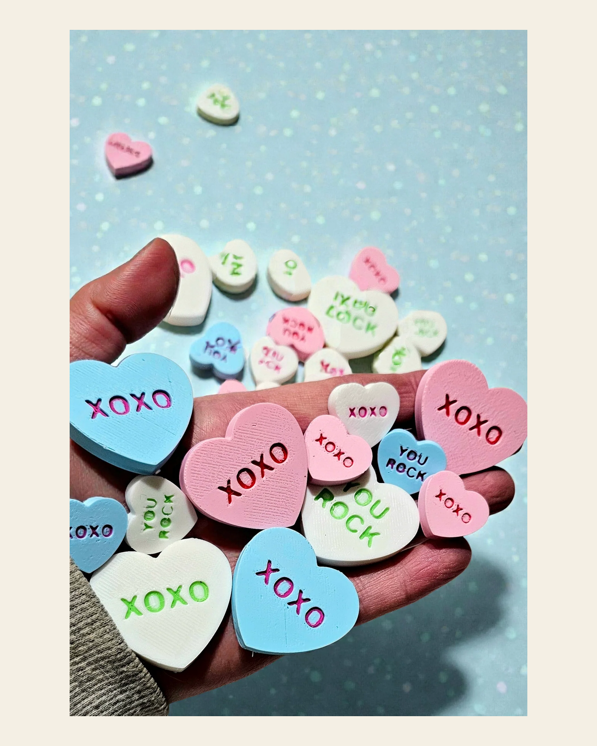 3d Printed Candy Conversation Heart Pins or Earrings Made in America on a warm cream background