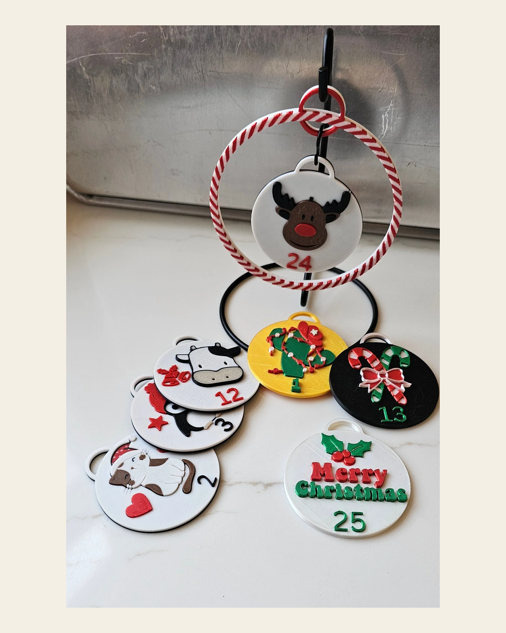 3D Printed Christmas Advent Calendar Ornament on a warm cream background