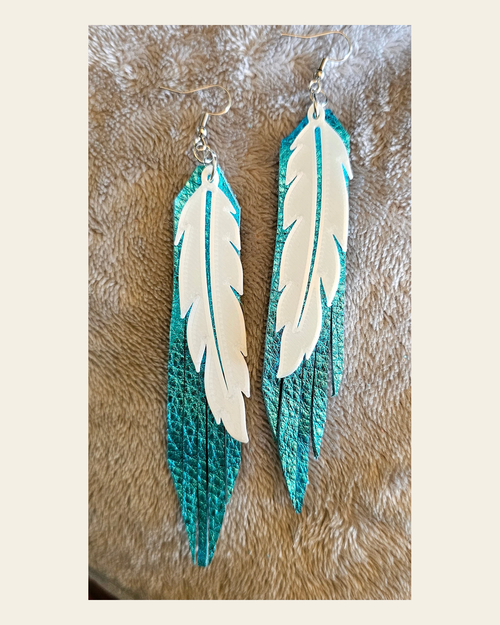 3D Printed Feather Leather Fringe Earrings Made in America on a warm cream background