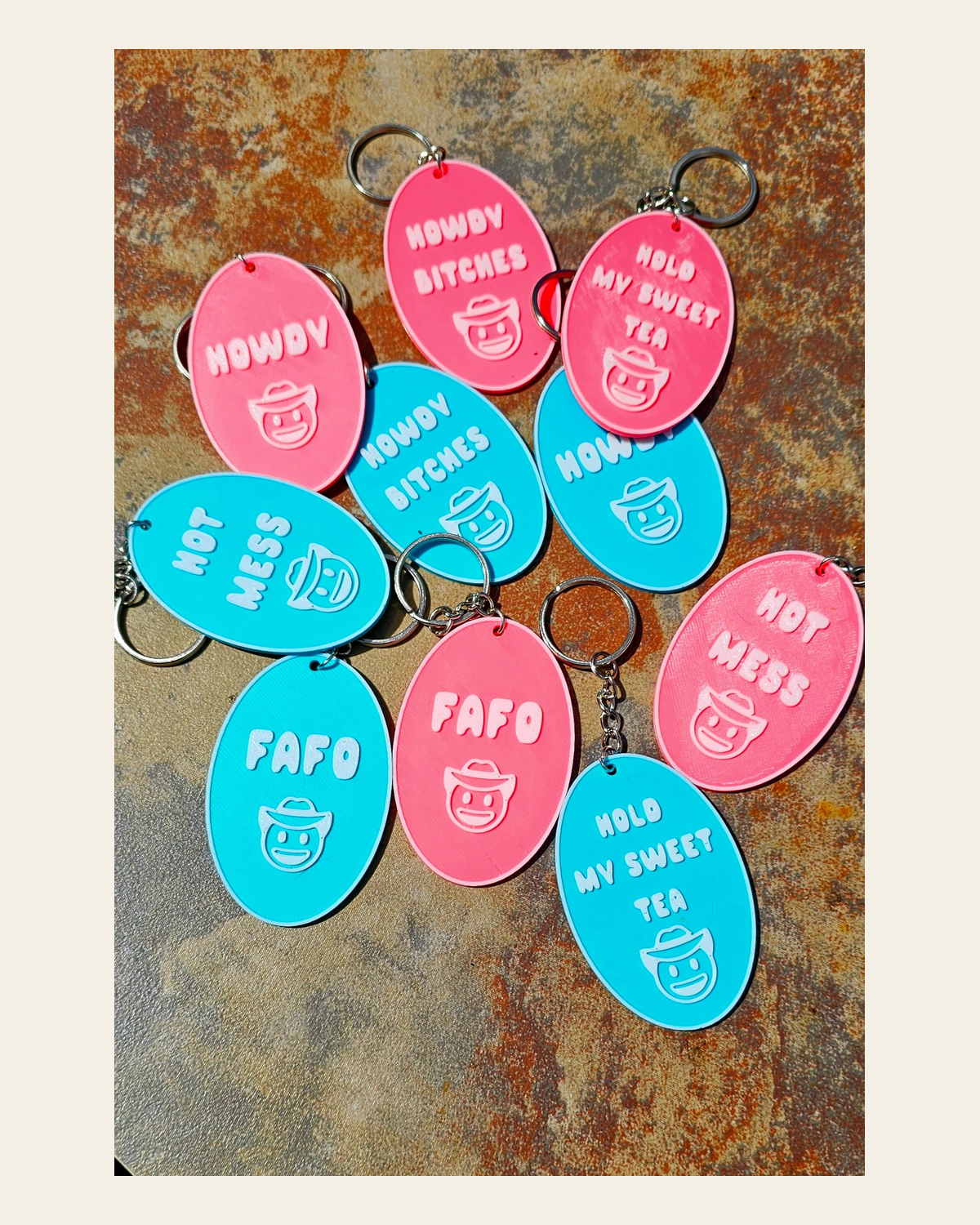 3D Printed Word Salad Keychain on a warm cream background