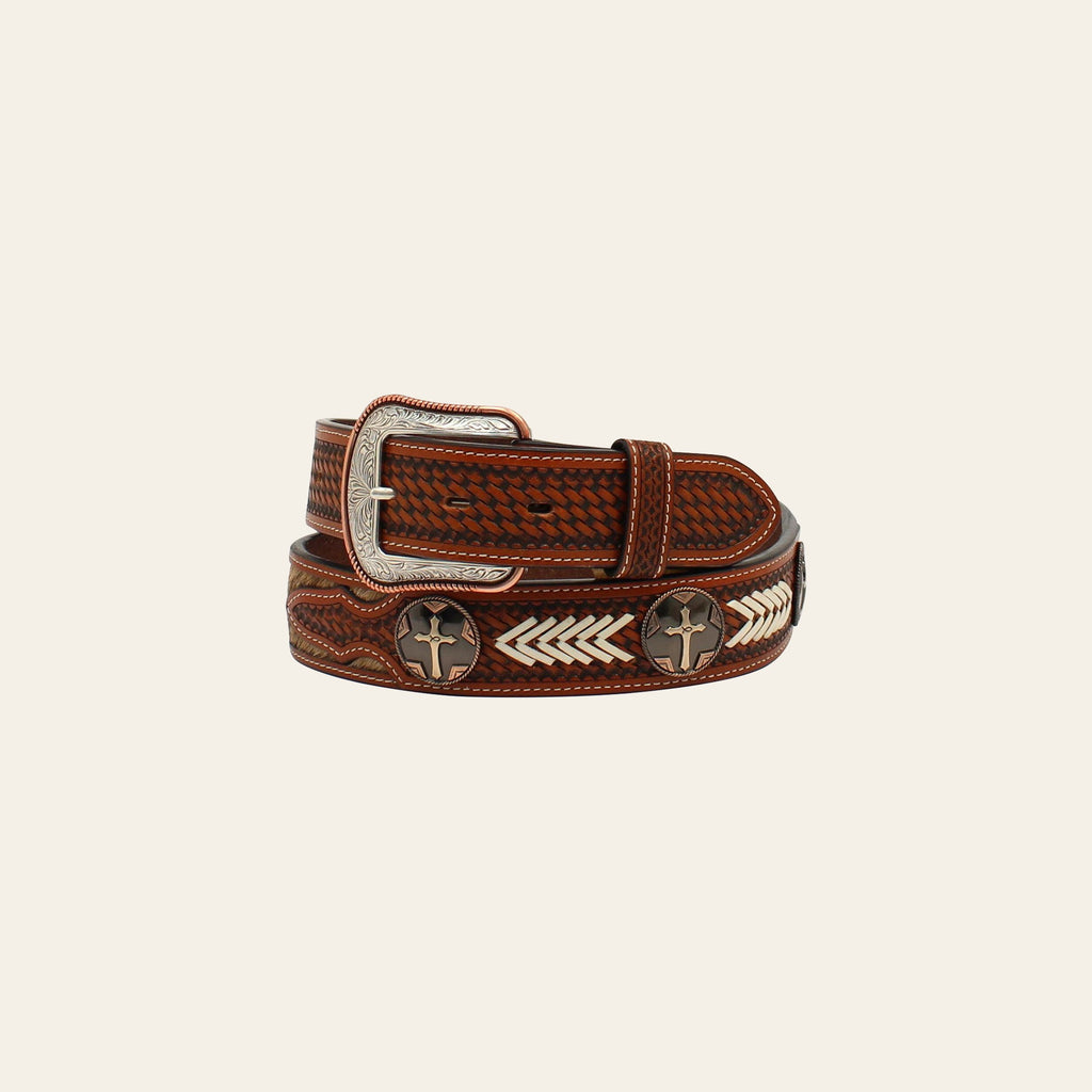 M&F Western 1.5 in. Mens Tooled Tabs Calf Hair Copper Cross Concho Belt Tan