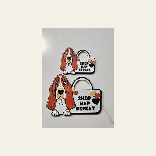 3d Print Basset Hound Cute Funny Shopping Hat Pin or Magnet on a warm cream background