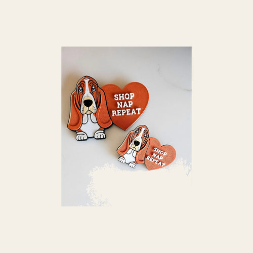 3d Print Basset Hound Cute Funny Shopping Hat Pin or Magnet on a warm cream background