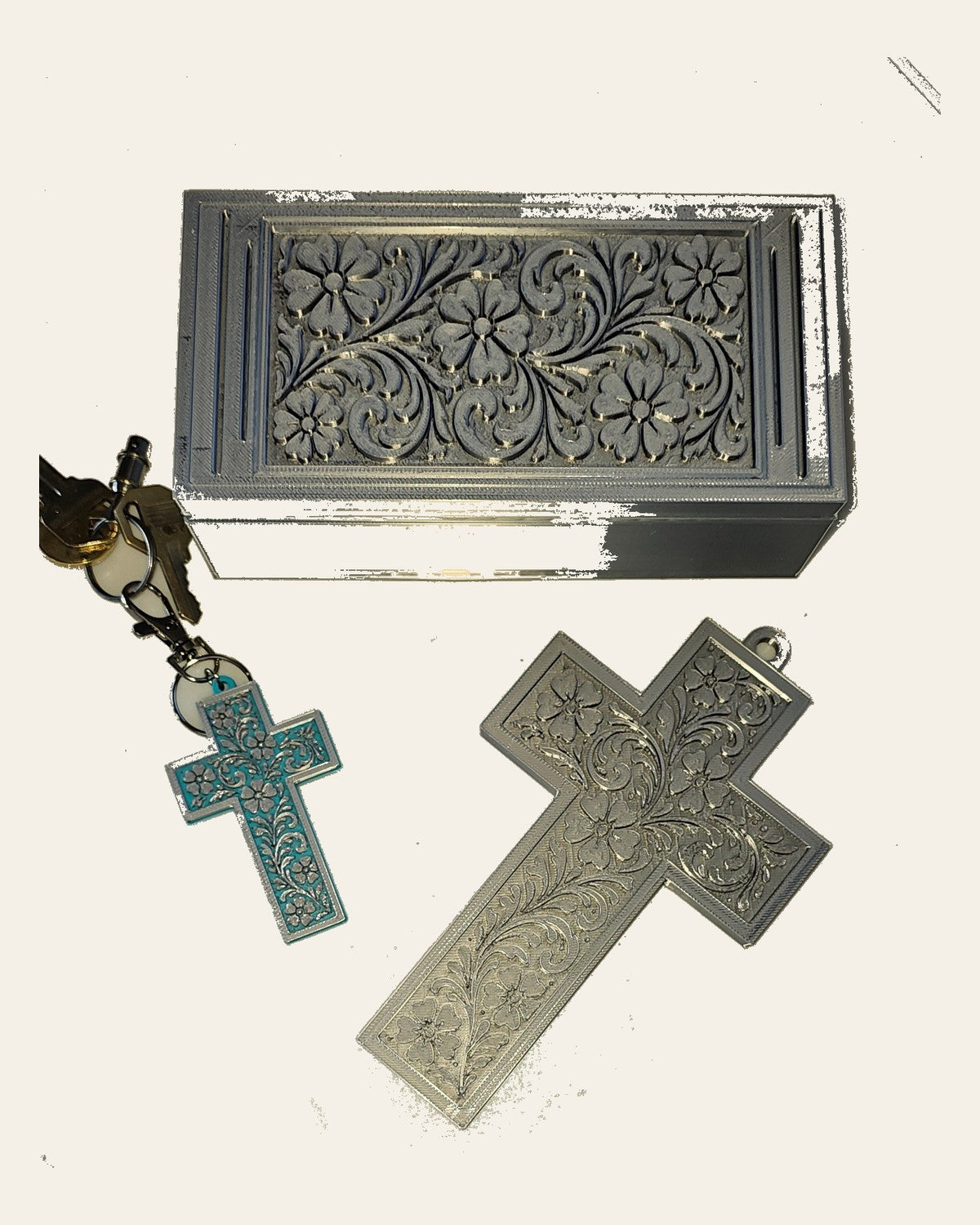 3d Print Silver Tooled Trinket Gift Box or Keychain or Wall Cross