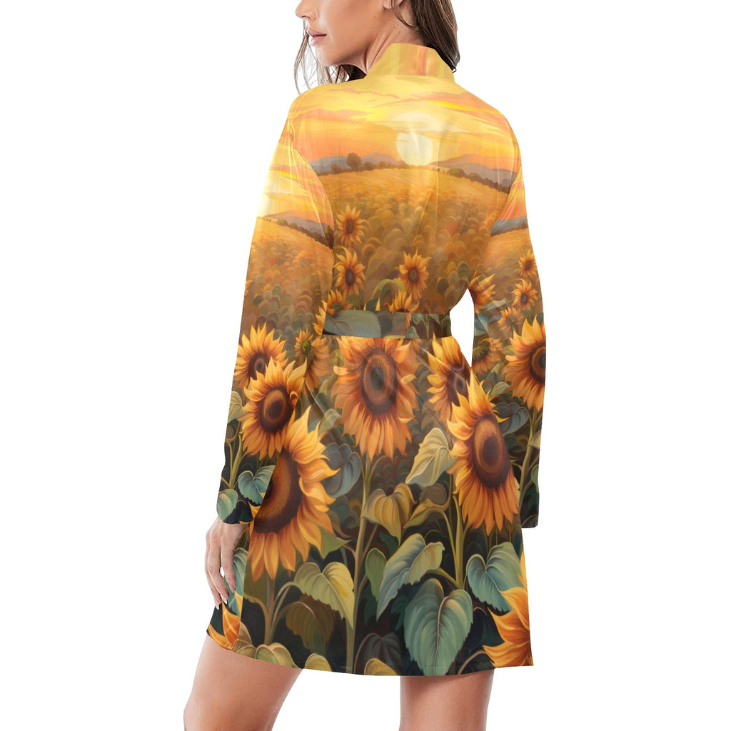 Baha Ranch Sunflower Field Women's Long Sleeve Belted Satin Feel Dressing Lounge Robe by Baha Ranch Western Wear -...
