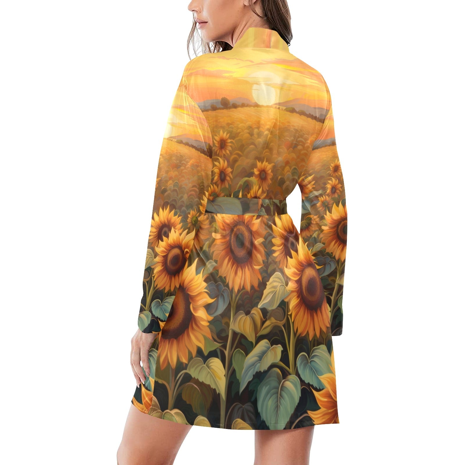 Baha Ranch Sunflower Field Women's Long Sleeve Belted Satin Feel Dressing Lounge Robe by Baha Ranch Western Wear -...