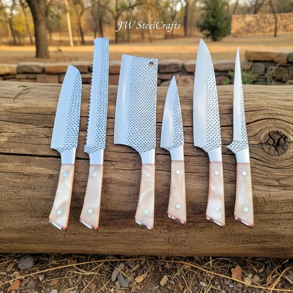 6-Piece Rasp Steel Kitchen Knife Set — Dimple Textured Blades, Cream Resin Handles, Copper Bolsters & Steel Pommels