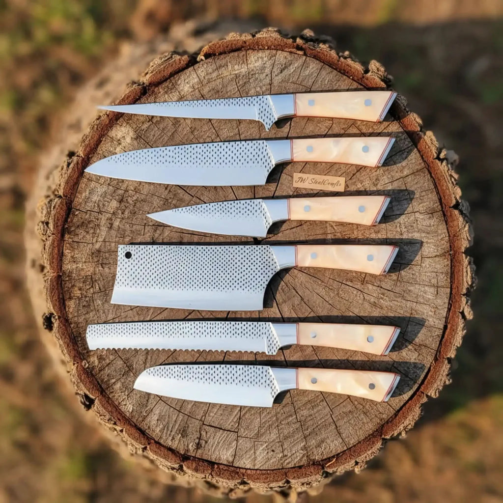 6-Piece Rasp Steel Kitchen Knife Set — Dimple Textured Blades, Cream Resin Handles, Copper Bolsters & Steel Pommels