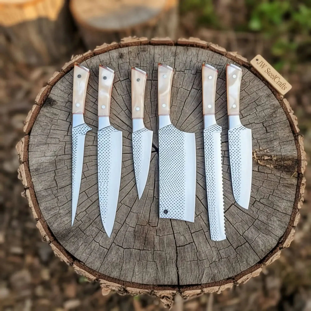 6-Piece Rasp Steel Kitchen Knife Set — Dimple Textured Blades, Cream Resin Handles, Copper Bolsters & Steel Pommels