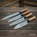 4-Piece Damascus Sujihiki, Gyuto, Santoku & Nakiri Set – Olive Wood Wa Handle