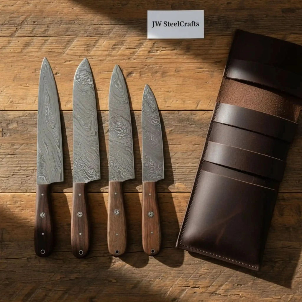 Handmade Damascus Steel Knife Set with Leather Roll, Rosewood Handle Kitchen Collection