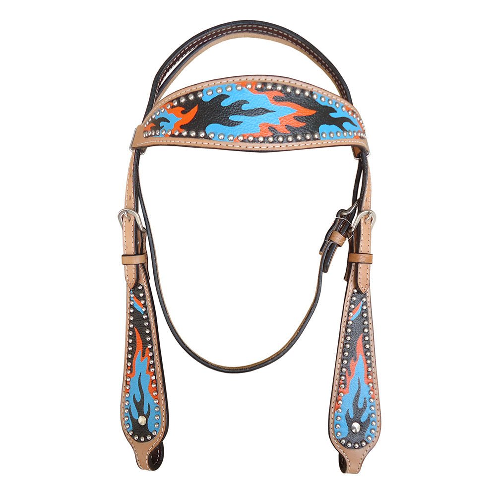 HILASON W. H. Leather Headstall & Breast Collar Set Turquoise Flame –