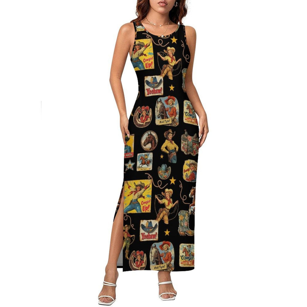 Baha Ranch Vintage Cowgirl Collage Sleeveless Bodycon Side Slit Long Dress by Baha Ranch Western Wear