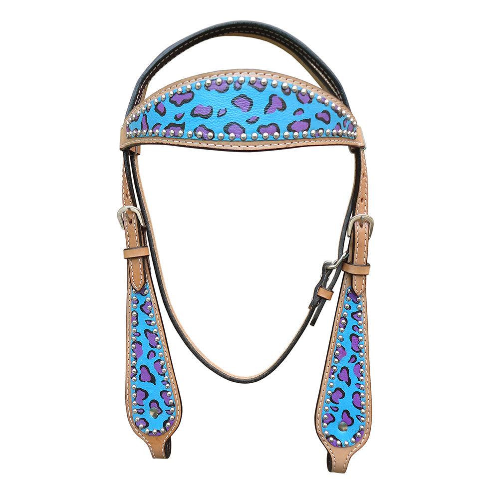 HILASON Western Horse Leather Headstall & Breast Collar Set Turquoise Cheetah