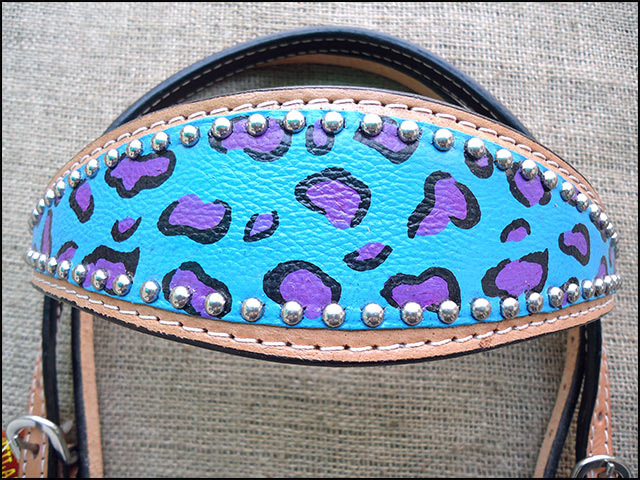HILASON Western Horse Leather Headstall & Breast Collar Set Turquoise Cheetah