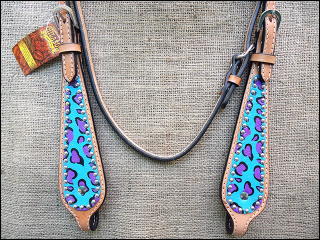 HILASON Western Horse Leather Headstall & Breast Collar Set Turquoise Cheetah