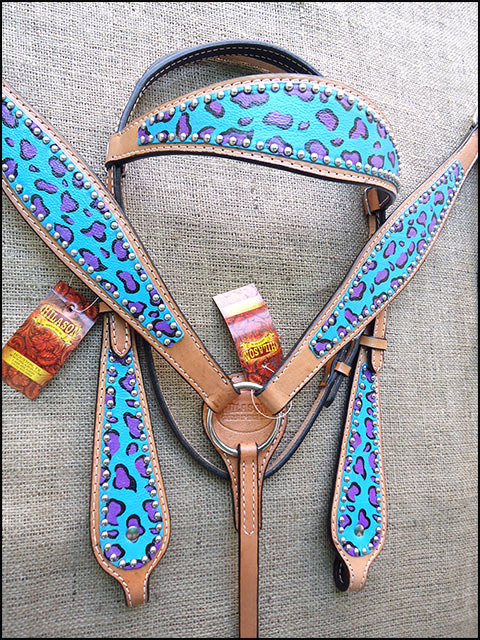 HILASON Western Horse Leather Headstall & Breast Collar Set Turquoise Cheetah