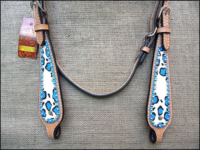HILASON W. H. Leather Headstall & Breast Collar Set Turquoise Leopard