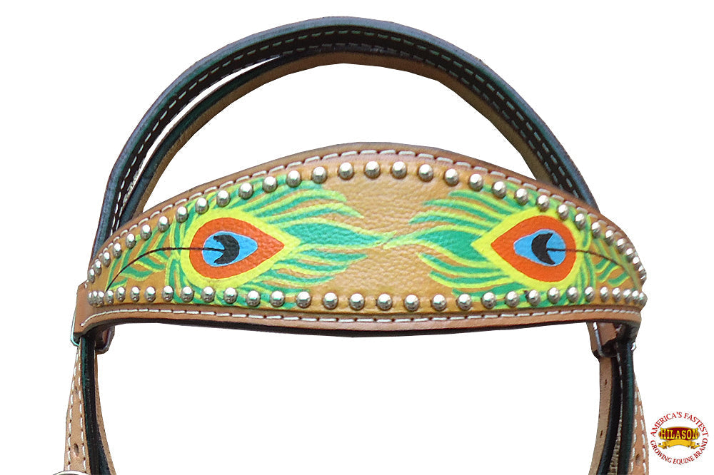 Hilason Western Horse Headstall Bridle American Leather Peacock Feather