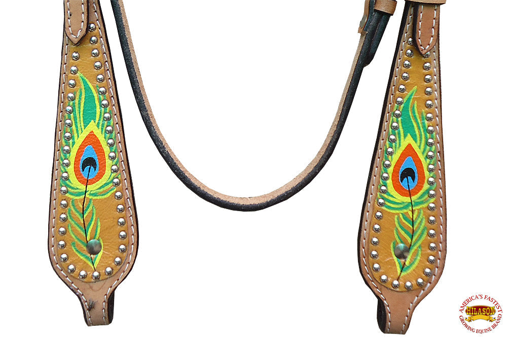 Hilason Western Horse Headstall Bridle American Leather Peacock Feather