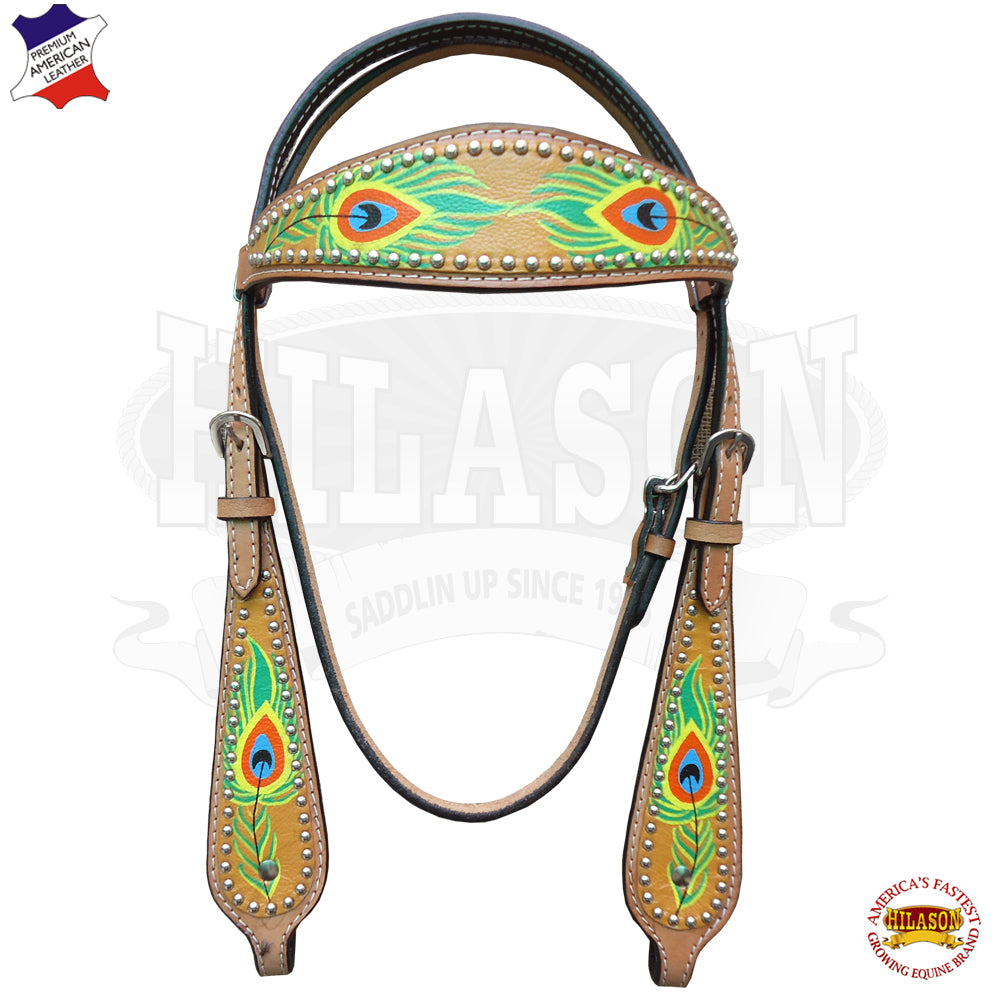 Hilason Western Horse Headstall Bridle American Leather Peacock Feather