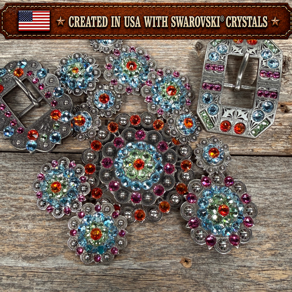 Antique Silver Tie Dye Crystal Conchos | Sizes 1"- 3" | Buckles | Saddle Set | Leather Rosettes | Slide