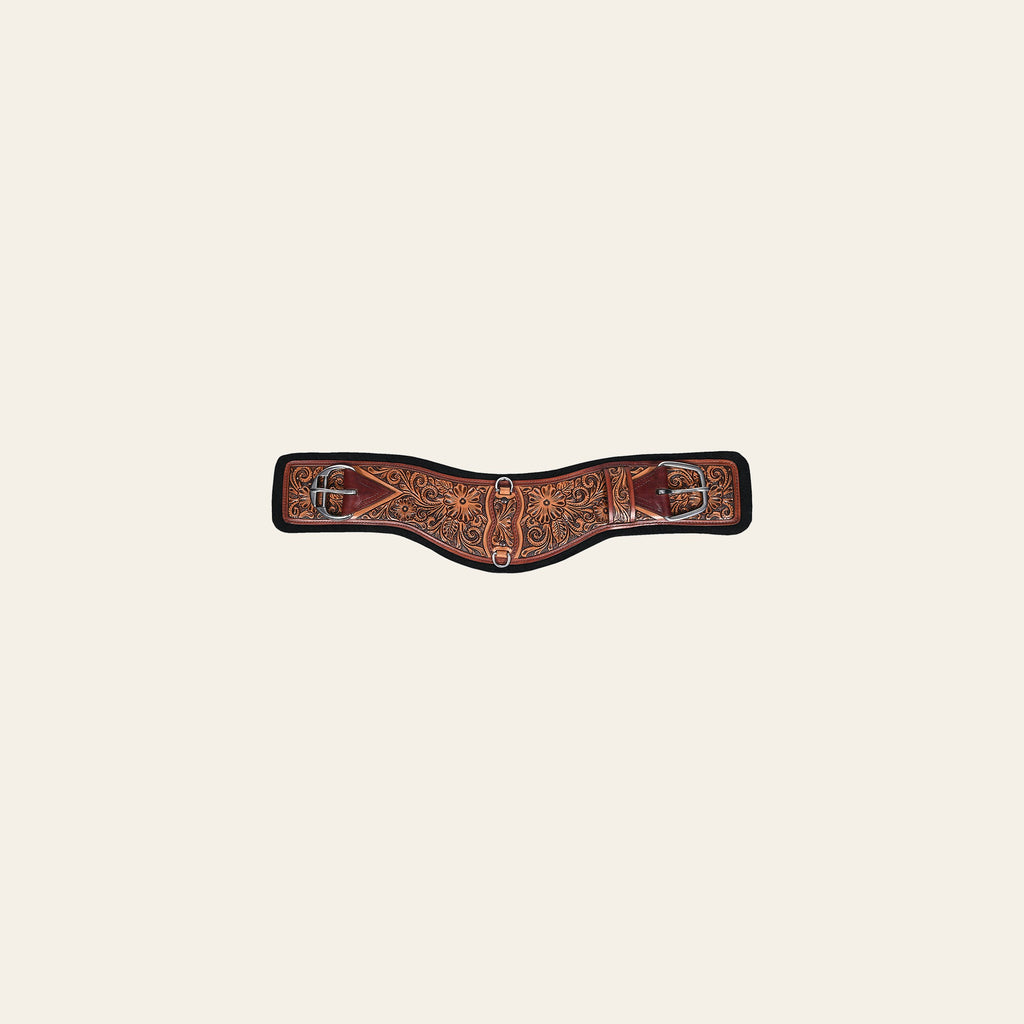 24 In HILASON Western Horse Saddle Cinch Girth Genuine Leather Brown Floral Hand Tooled & Carved Stainless Steel Hardware