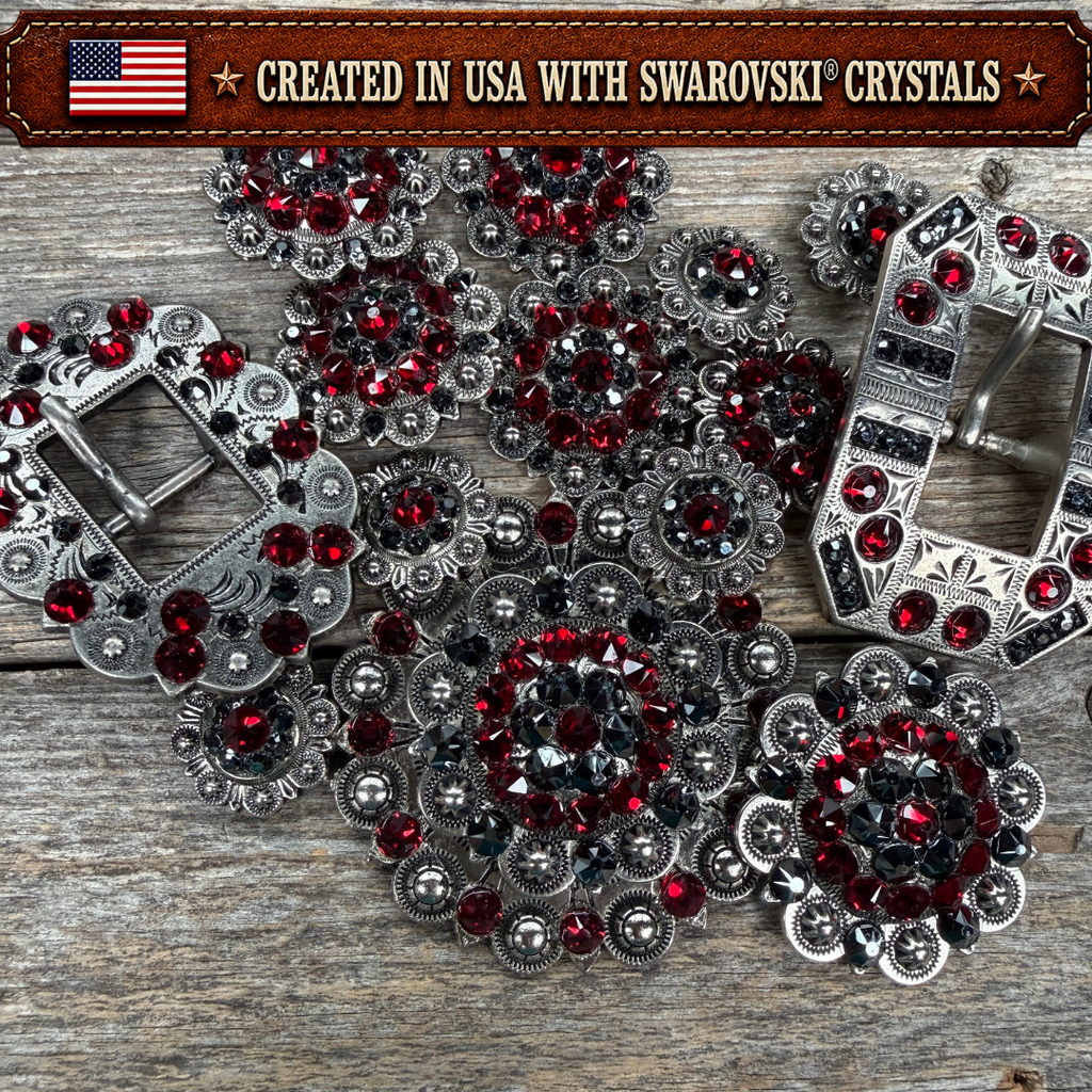 Antique Silver Ruby - Jet Crystal Conchos | Sizes 1"- 3" | Buckles | Saddle Set | Leather Rosettes | Slide