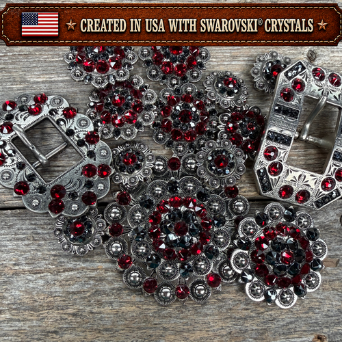Antique Silver Ruby - Jet Crystal Conchos | Sizes 1"- 3" | Buckles | Saddle Set | Leather Rosettes | Slide