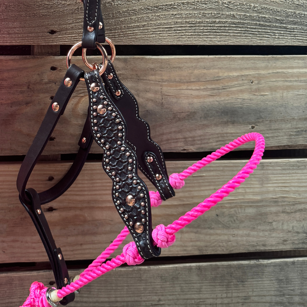 Hot Pink Honeycomb Tooled Lariat & Leather Combo Halter — view 2