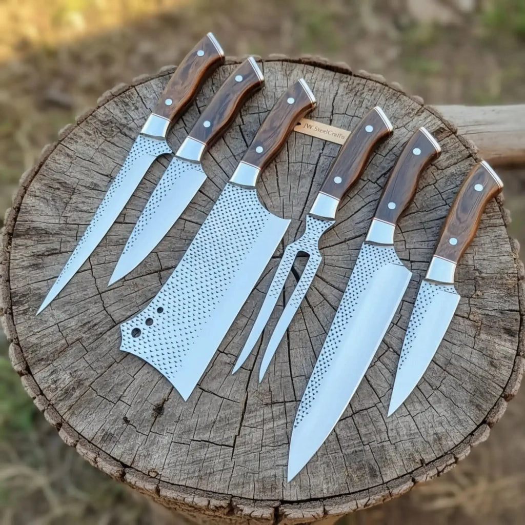 6-Piece Rasp Steel Kitchen Knife Set with Carving Fork — Natural Wood Red Spacer Handles, Steel Bolsters, 7 to 13 Inch