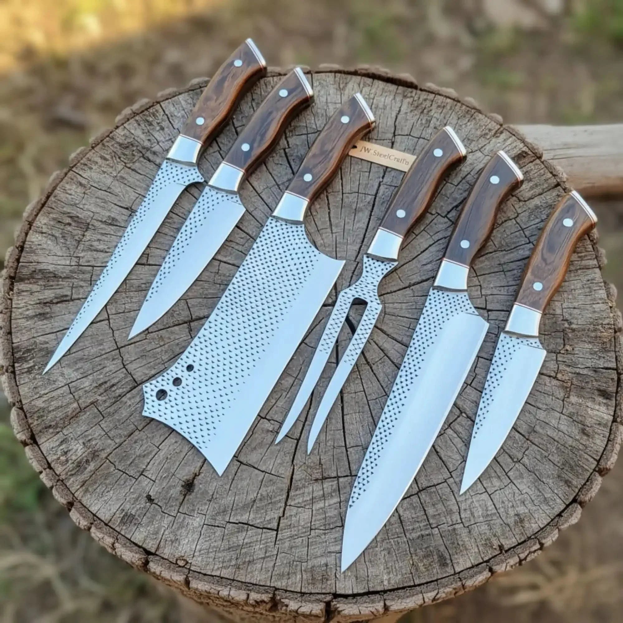 6-Piece Rasp Steel Kitchen Knife Set with Carving Fork — Natural Wood Red Spacer Handles, Steel Bolsters, 7 to 13 Inch