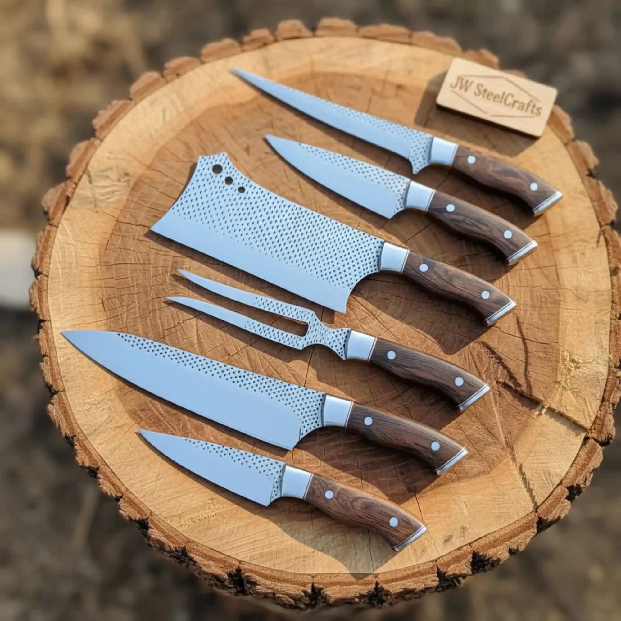 6-Piece Rasp Steel Kitchen Knife Set with Carving Fork — Natural Wood Red Spacer Handles, Steel Bolsters, 7 to 13 Inch