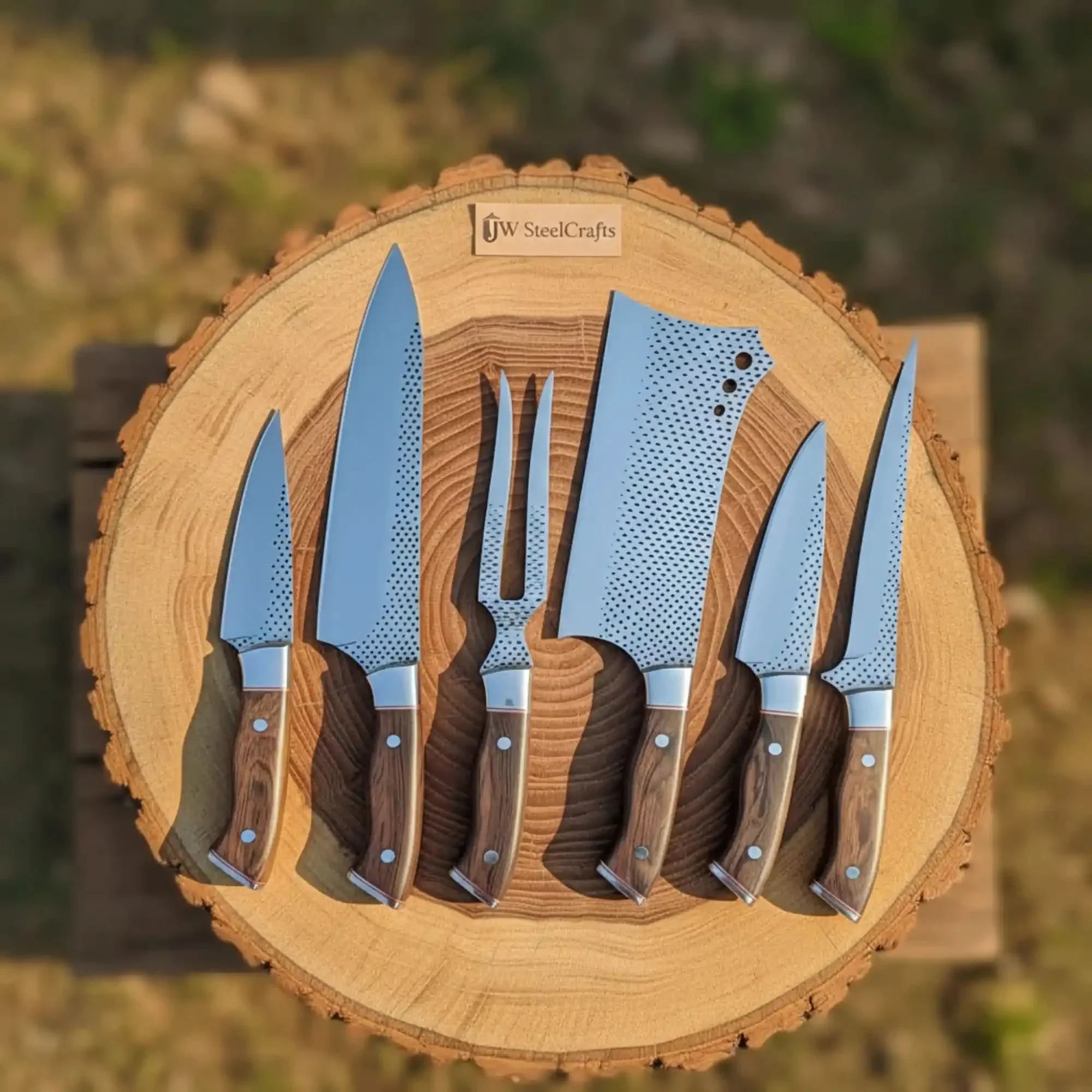6-Piece Rasp Steel Kitchen Knife Set with Carving Fork — Natural Wood Red Spacer Handles, Steel Bolsters, 7 to 13 Inch
