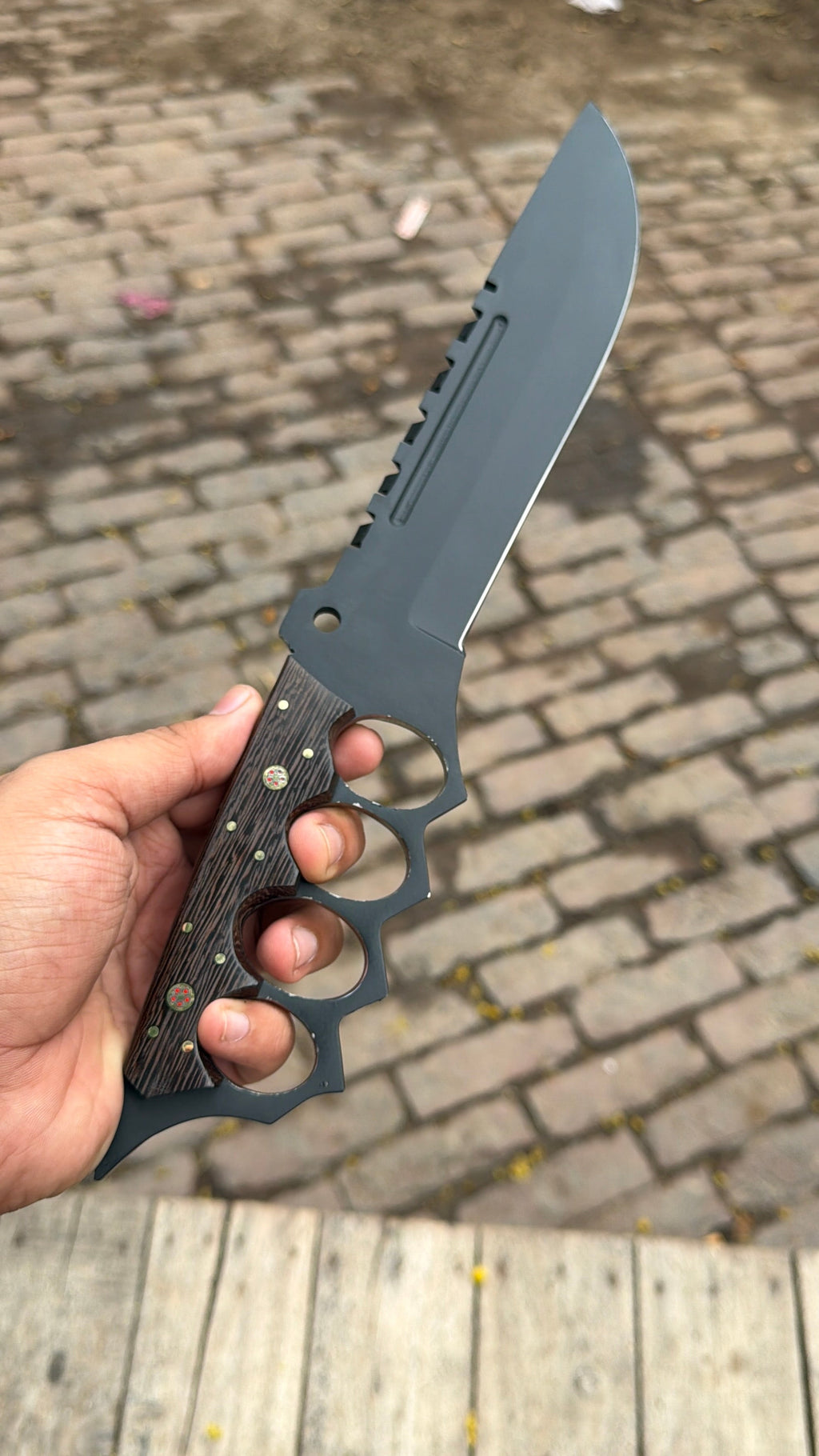 Knuckle Handle Tactical Knife Acid Etched Drop Point Fixed Blade