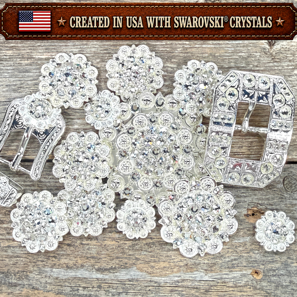 Bright Silver Clear Crystal Conchos | Sizes 1"- 3" | Buckles | Saddle Set | Leather Rosettes | Slide